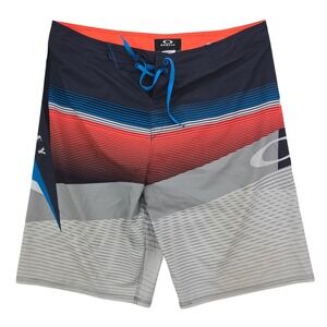 Oakley Board Shorts Mens 38 Gray Orange Stripe Stretch Surf Swim Trunks Beach